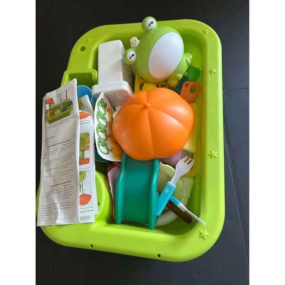 Cute Stone Play Kitchen Sink Toy w/ Running Water Faucet & Fishing Accessories
